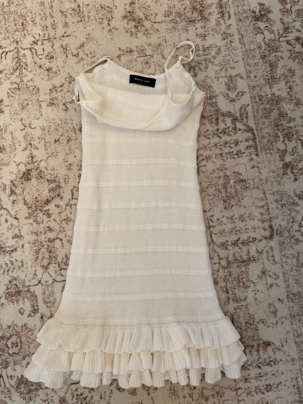 White Fox Cream Knit Ruffle Hem Slip Dress